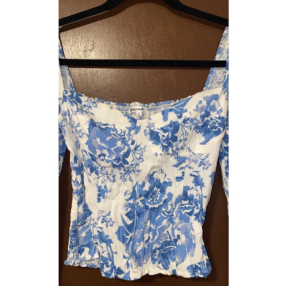 Reformation Reign Top Olympia White Blue Floral Smocked Long Sleeve in size 2 - Picture 13 of 15